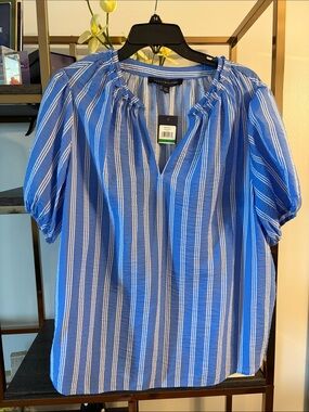 Tommy Hilfiger Royal Blue & White Striped Peasant Top